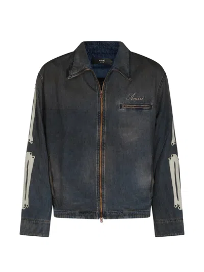 AMIRI AMIRI VINTAGE-LOOK DENIM JACKET WITH ZIP POCKETS & BONES PATCH
