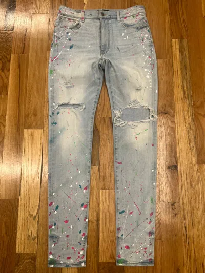 Pre-owned Amiri Washed Blue Paint Splatter Denim Jeans Size 34