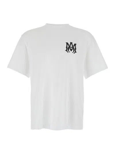 AMIRI WHITE CREWNECK T-SHIRT WITH LOGO PRINT ON THE FRONT AND LOGO LETTERING ON THE REAR
