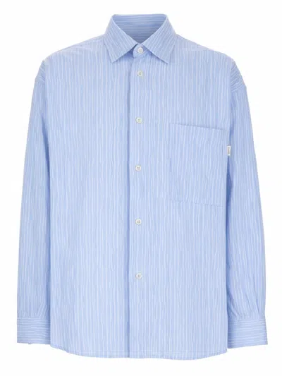 Amish Crinckle Relaxed Fit Vertical Stripes Shirt In Blue