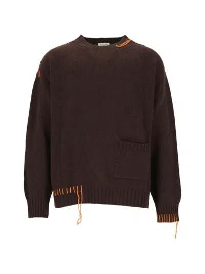 Amish Contrast-stitch Patch-pocket Sweater In Brown