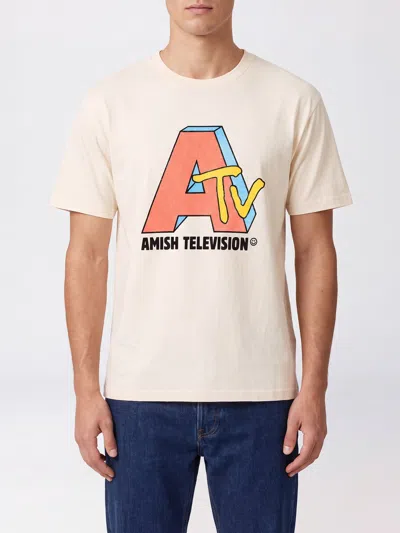 Amish Cotton T-shirt With Contrasting Front Logo Print In Ivory