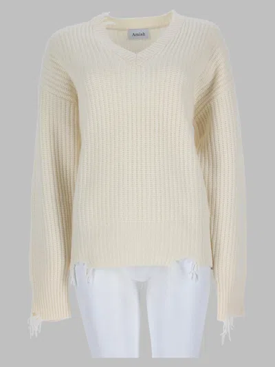 Amish Fringed V-neck Ribbed Sweater In White