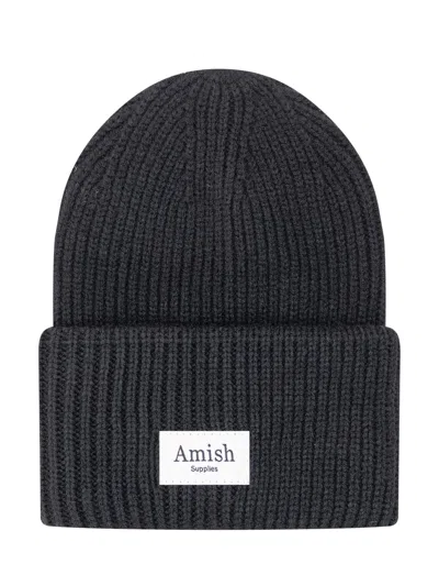 Amish Ribbed-knit Logo-patch Beanie Hat In Black