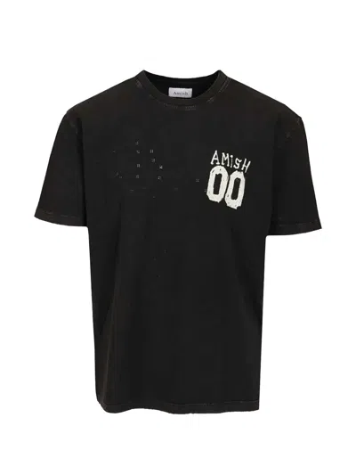 Amish Logo-print Distressed T-shirt In Black