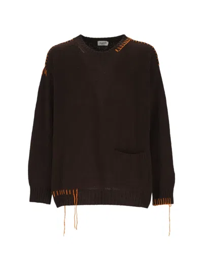 Amish Whipstitch-trim Patch-pocket Sweater In Brown