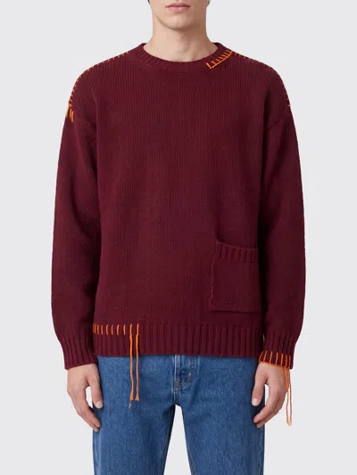 Amish Wool Crewneck Jumper With Contrast Stitching In Burgundy