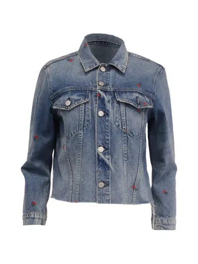 Pre-owned Amo Embroidered Cropped Denim Jacket In Blue