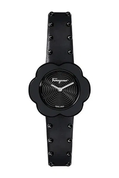 Amo Ferragamo Fiore Calfskin Leather Strap Watch, 30mm In Black