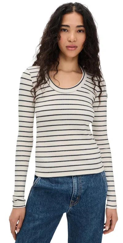 Amo Joanna Long Sleeve Tee Natural/black In White
