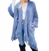 Amoli Chevron Knitted Ruana Cardigan With Tassel And Pocket In Blue