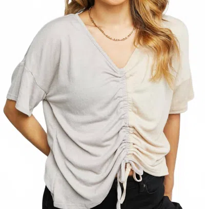 Amoli Cinched Colorblock Knit Top In Grey And Light Brown In Multi