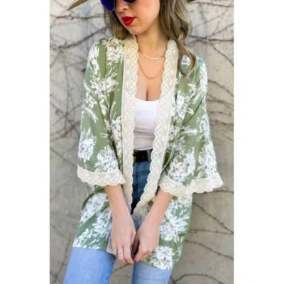 Amoli Floral Kimono With Lace Trim In Olive In Green