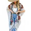 Amoli Floral Print Lace Detail Tassel Bottom Kimono In White
