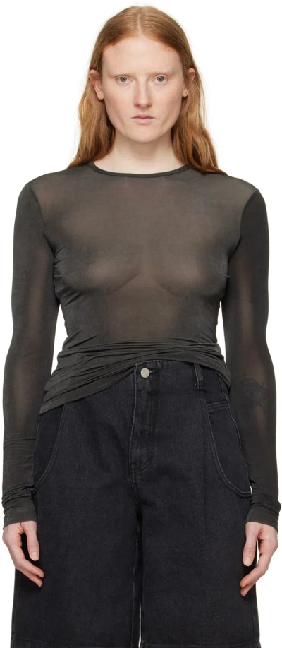 Amomento Black Sheer Long Sleeve T-shirt In Charcoal