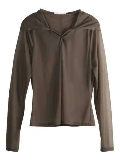 Amomento Mesh Hooded Long-sleeve Top In Brown