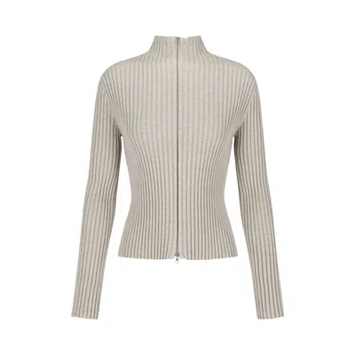 Pre-owned Amomento Ribbed High Neck Zip Up 'beige' | Tan | Women's Size 0