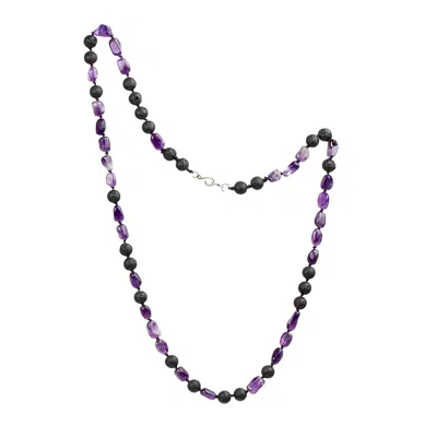 Amonta Men's Black / Purple / Silver Amethyst & Lava Silk Necklace