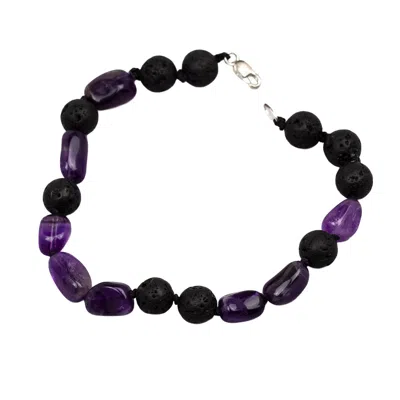 Amonta Men's Black / Purple / Silver Lava & Amethyst Silk Bracelet