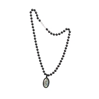 Amonta Men's Black / Silver Black Onyx Silk Necklace With Labradorite Pendant