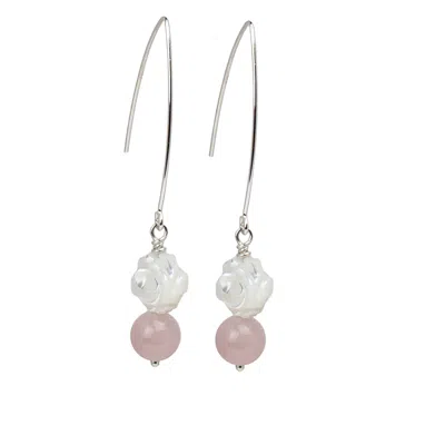 Amonta Women's Pink / Silver / White Mother Of Pearl Rose & Rose Quartz Drop Earrings