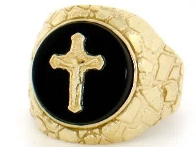 Pre-owned Amoravi 10k Or 14k Gold Cross Crucifix Jesus Nugget Onyx Mens Ring In Black