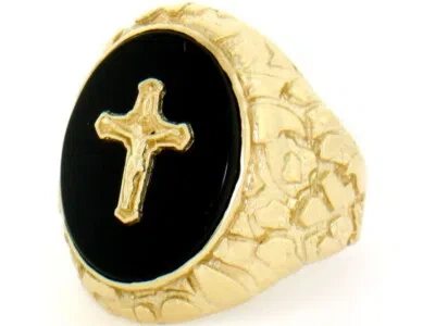 Pre-owned Amoravi 10k Or 14k Gold Nugget Jesus Cross Crucifix Onyx Big Mens Ring In Black