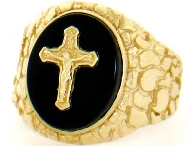 Pre-owned Amoravi 10k Or 14k Gold Nugget Onyx Crucifix Cross Jesus Mens Ring In Black