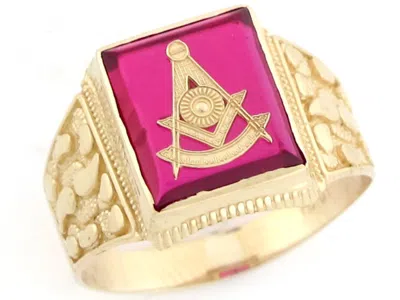 Pre-owned Amoravi 10k Or 14k Gold Past Master Freemason Masonic Simulated Ruby Nugget Mens Ring In Red