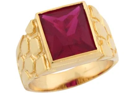 Pre-owned Amoravi 10k Or 14k Real Yellow Gold Simulated Ruby Nugget Inspired Accented Mens Ring In Red