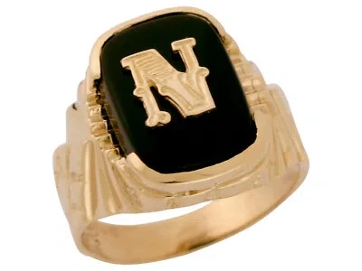 Pre-owned Amoravi 10k Or 14k Solid Gold Nugget Design Onyx Letter N Mens Initial Statement Ring In Black