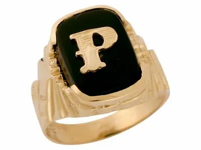 Pre-owned Amoravi 10k Or 14k Solid Gold Nugget Design Onyx Letter P Mens Initial Statement Ring In Black