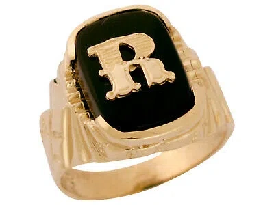 Pre-owned Amoravi 10k Or 14k Solid Gold Nugget Design Onyx Letter R Mens Initial Statement Ring In Black
