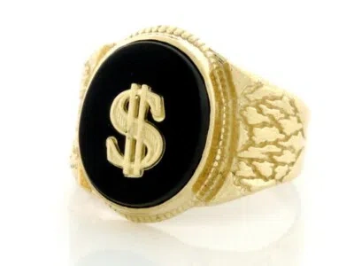 Pre-owned Amoravi 10k Or 14k Solid Gold Nugget Oval Onyx Mens Ring W/ Dollar In Black