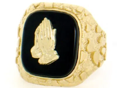 Pre-owned Amoravi 10k Or 14k Solid Gold Nugget Praying Hand Onyx Mens Ring In Black