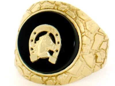 Pre-owned Amoravi 10k Or 14k Solid Gold Nugget Round Onyx Horseshoe Mens Ring In Black