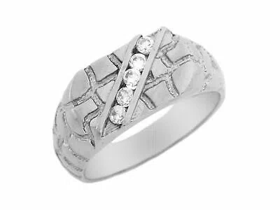 Pre-owned Amoravi 10k Or 14k Solid White Gold Nugget Five 5 Stone Cz Fancy Mens Ring