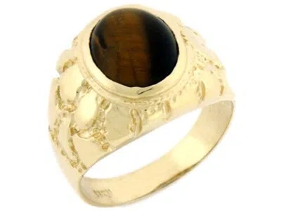 Pre-owned Amoravi 10k Or 14k Solid Yellow Gold Oval Tiger Eye Nugget Mens Ring In Brown