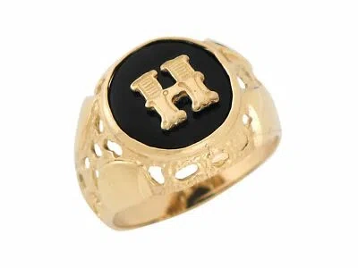 Pre-owned Amoravi 10k Or 14k Yellow Gold Bezel Set Bold Black Onyx Mens Letter H Initial Ring