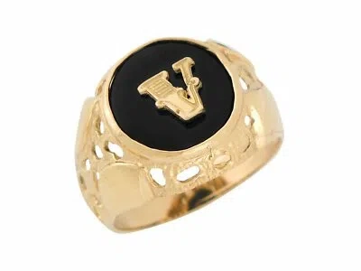 Pre-owned Amoravi 10k Or 14k Yellow Gold Bezel Set Bold Black Onyx Mens Letter V Initial Ring