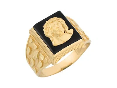 Pre-owned Amoravi 10k Or 14k Yellow Gold Onyx Jesus Mens Diamond Cut Nugget Mens Ring In Black