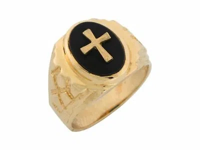 Pre-owned Amoravi 10k Or 14k Yellow Gold Onyx Latin Cross Mens Nugget Ring In Black