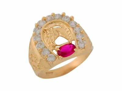 Pre-owned Amoravi 10k Or 14k Yellow Gold Simulated Ruby White Cz Nugget Lucky Horseshoe Mens Ring