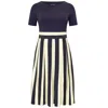 Amoresea Women's Blue / White Classy Navy Blue White Pleated Jersey Knee High Dress With Pockets In Blue/white