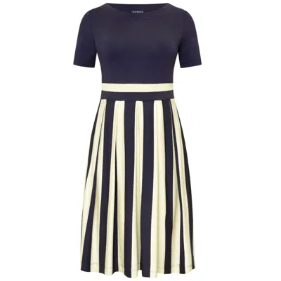 Amoresea Women's Blue / White Classy Navy Blue White Pleated Jersey Knee High Dress With Pockets In Blue/white