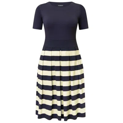 Amoresea Women's Blue / White Timeless Navy Blue White Pleated Jersey Knee High Dress With Pockets In Blue/white
