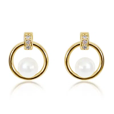 Amoresea Women's Gold Gorgeous Freshwater Pearl Zircon Round Ear Studs