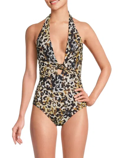 Amoressa By Miraclesuit Women's Leopard Plunge One Piece Swimsuit In Black Multi