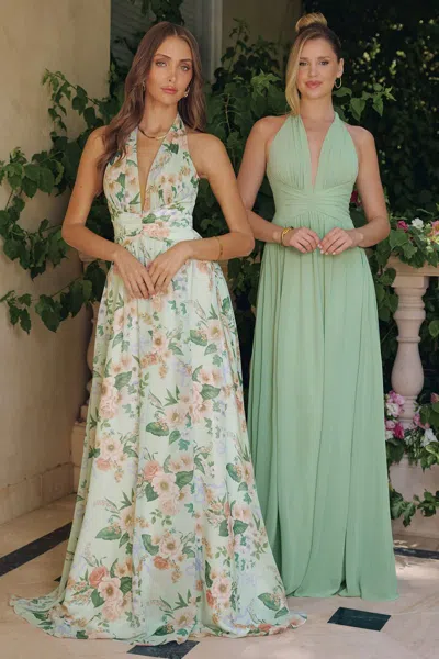Amoris T719 Long Formal Floral Print A Line Prom Dress In Green