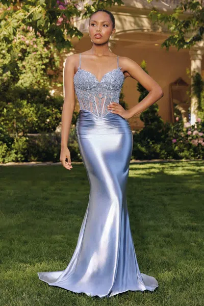 Amoris T819 Long Formal Lace Applique Corset Prom Dress In Blue